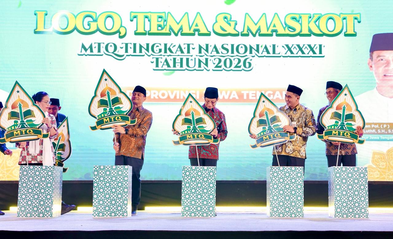 Menteri Agama Nasaruddin Umar bersama Gubernur Jateng Ahmad Luthfi meluncurkan logo dan maskot MTQ Nasional XXXI, Kamis 25 Juni 2026 (foto: Pemprov Jateng)